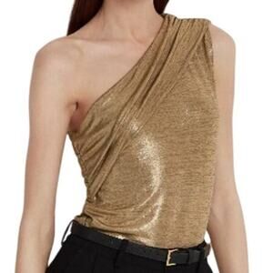LAUREN RALPH LAUREN Gold One Shoulder Foil-Print Jersey Glamour Top XL MSRP $90